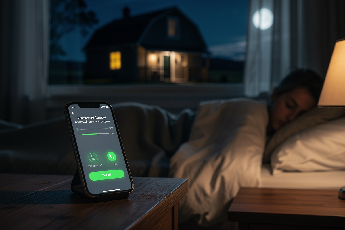 Interface IA vocale vétérinaire gérant une urgence nocturne en cabinet rural pendant l'astreinte