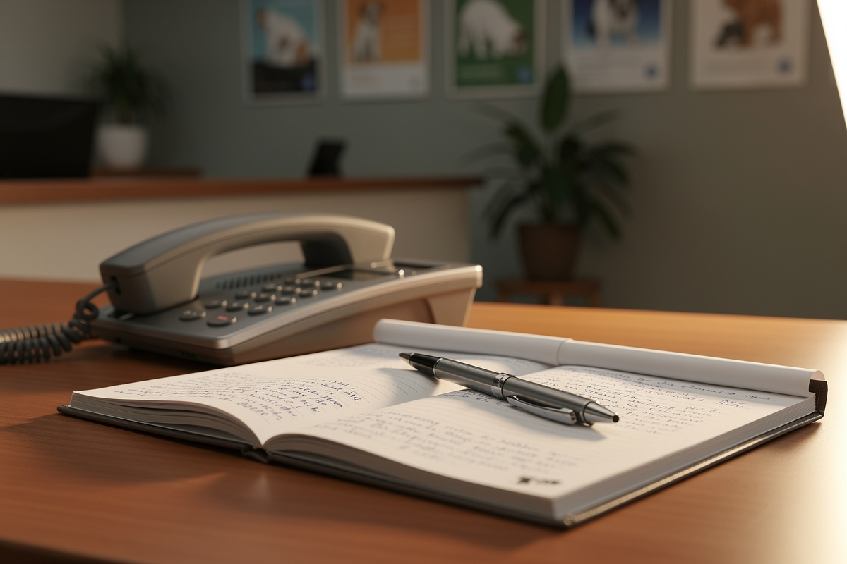 Téléphone et notes manuscrites symbolisant le décodage des signaux verbaux d'un propriétaire en panique lors d'un triage