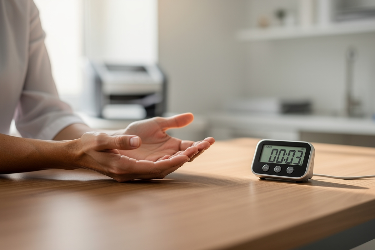 Mains posées calmement sur un bureau illustrant une technique de respiration pour la régulation émotionnelle pendant un appel de triage