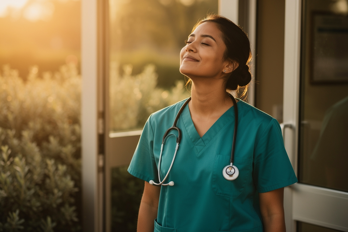 Vétérinaire en pause de décompression à l'extérieur de la clinique pour la gestion post-urgence après un appel difficile