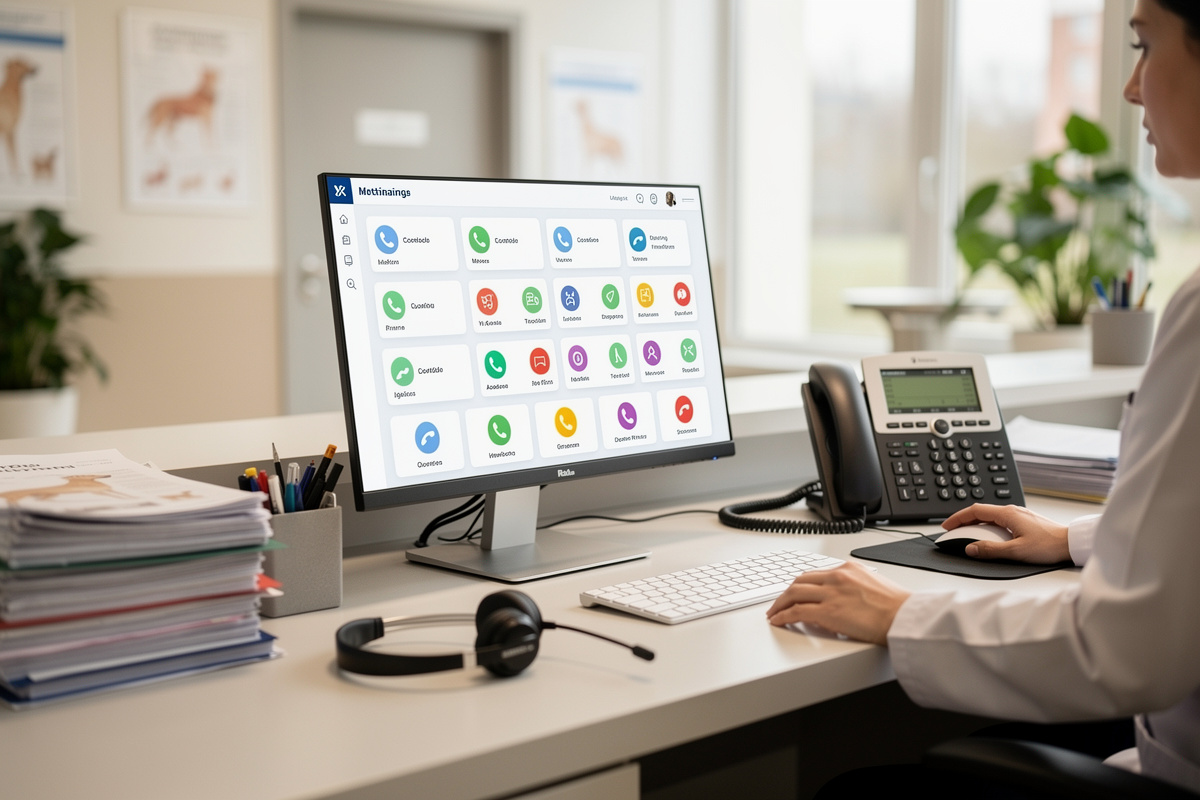 Réception vétérinaire avec plusieurs appels entrants, illustrant l’ia vocale vétérinaire au quotidien