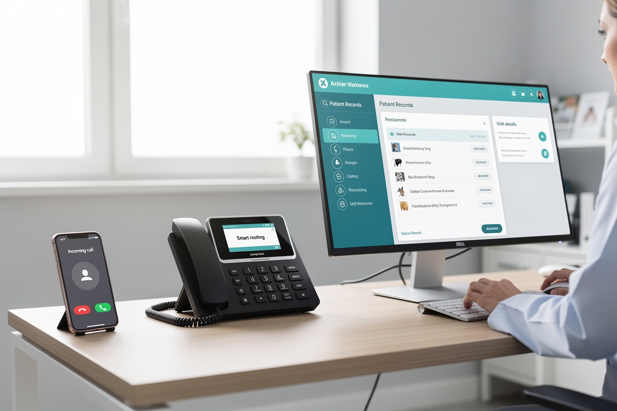 Flux de l’ia vocale vétérinaire du téléphone vers l’écran du logiciel métier.