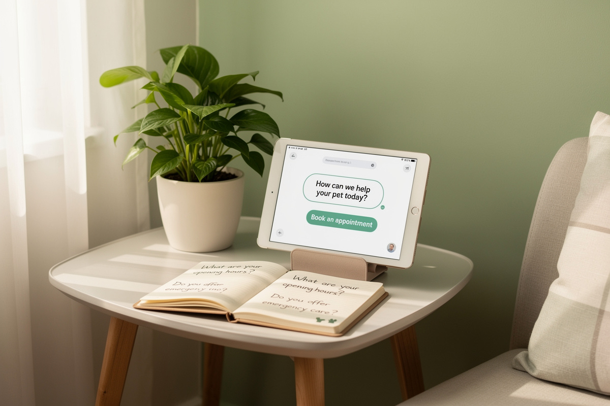 Questions fréquentes sur l'IA vocale vétérinaire illustrées dans un espace d'accueil de clinique apaisante