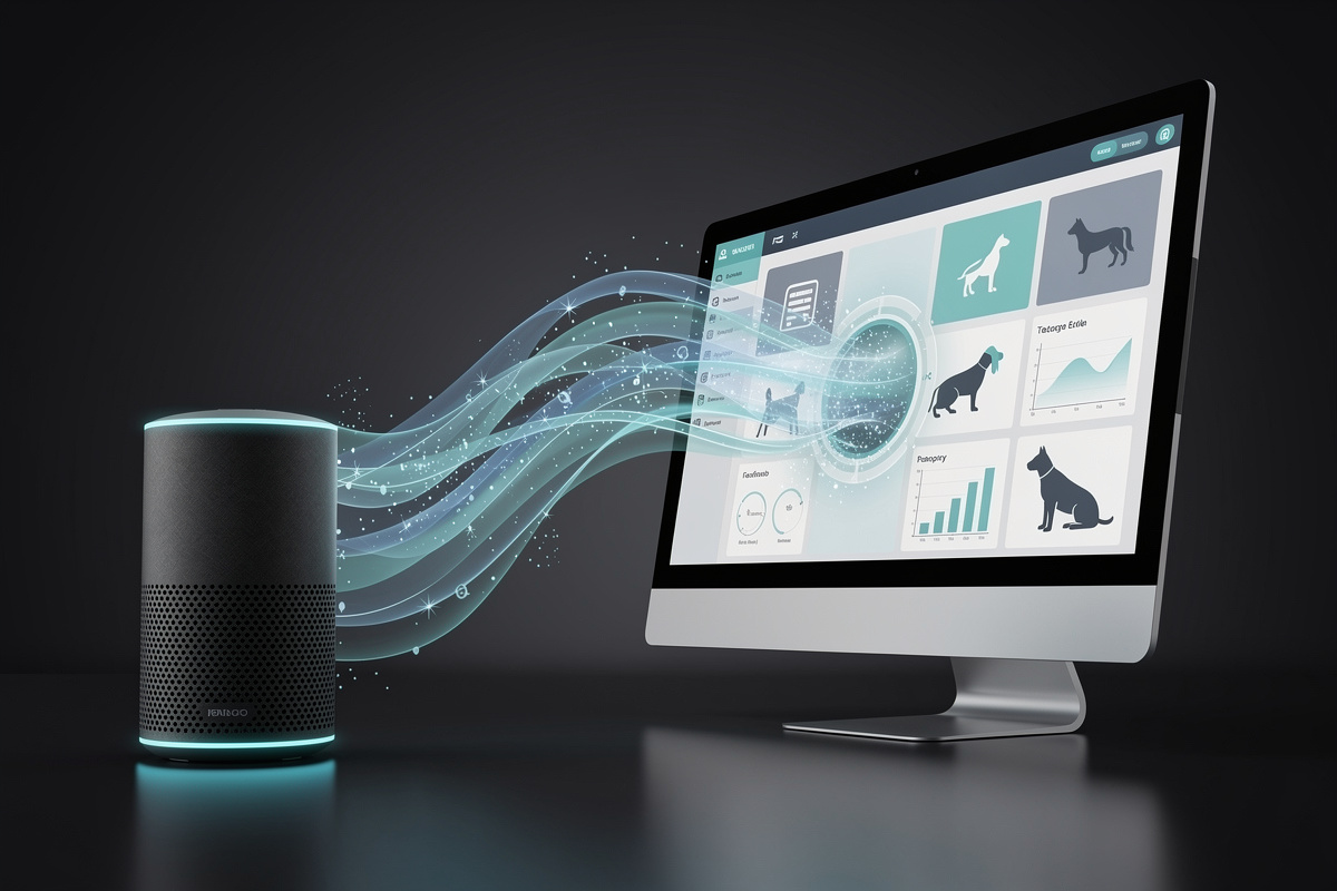 Connexion API entre un assistant vocal IA et un logiciel vétérinaire métier illustrant le flux de données bidirectionnel