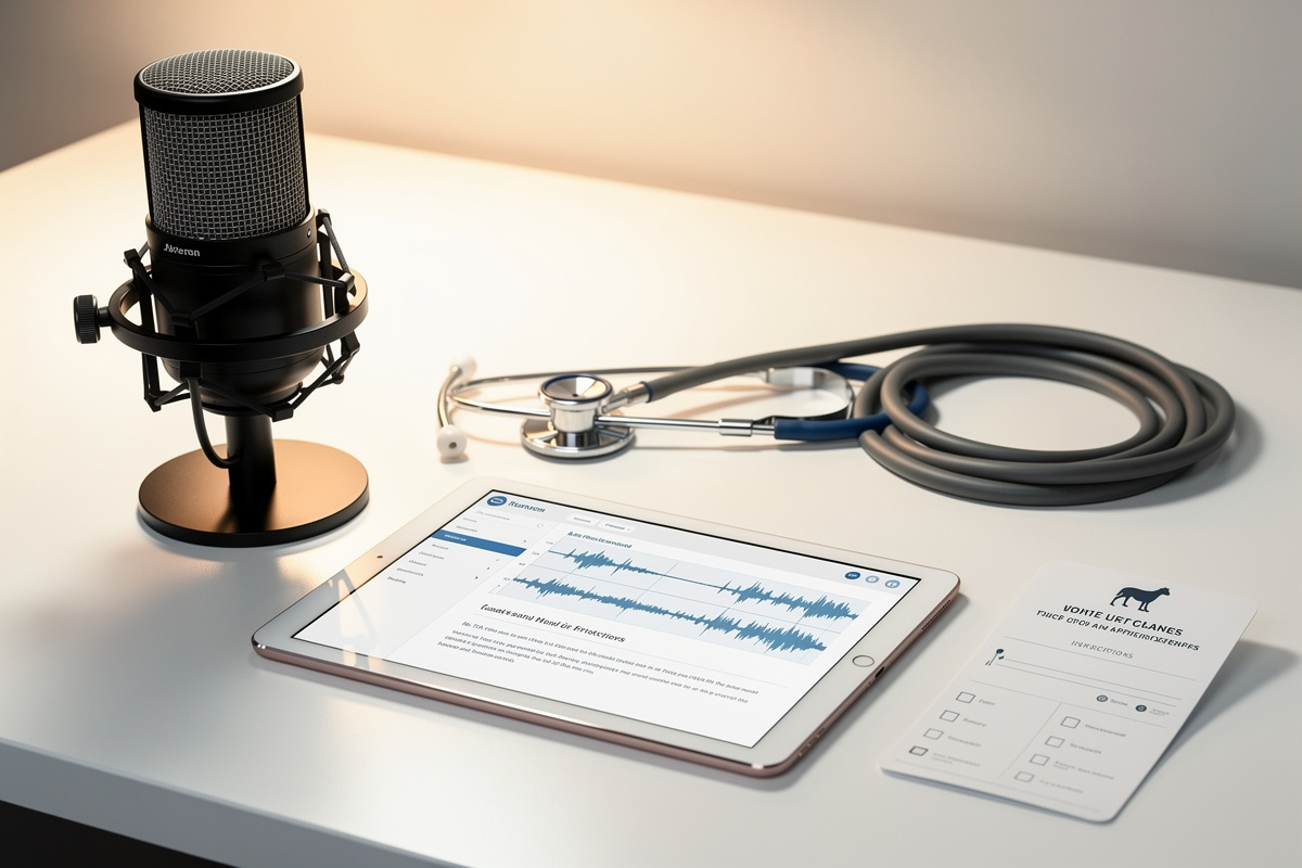 Assistant vocal IA transcrivant une consultation vétérinaire en temps réel sur interface numérique