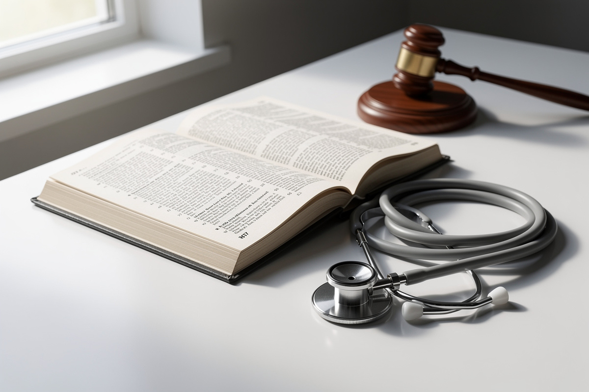 Code rural ouvert posé à côté d'un stéthoscope vétérinaire, symbolisant les obligations légales de continuité des soins