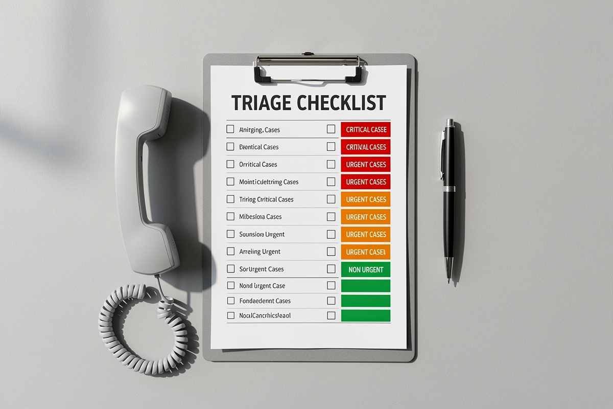 Grille de triage téléphonique vétérinaire avec niveaux de priorité colorés pour distinguer urgences vitales et appels non urgents