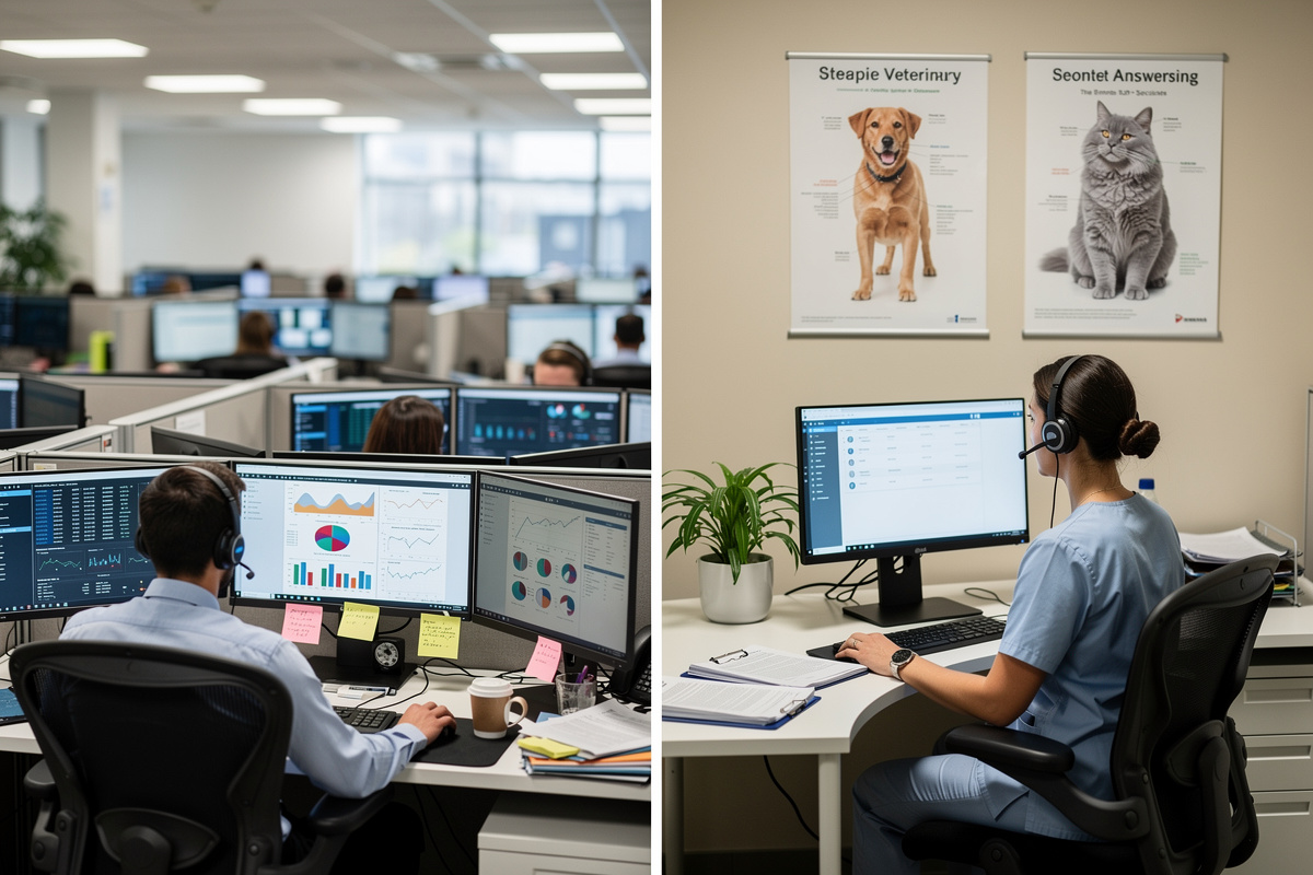 Comparaison entre un télésecrétariat généraliste et une permanence téléphonique vétérinaire spécialisée dans un espace de travail moderne
