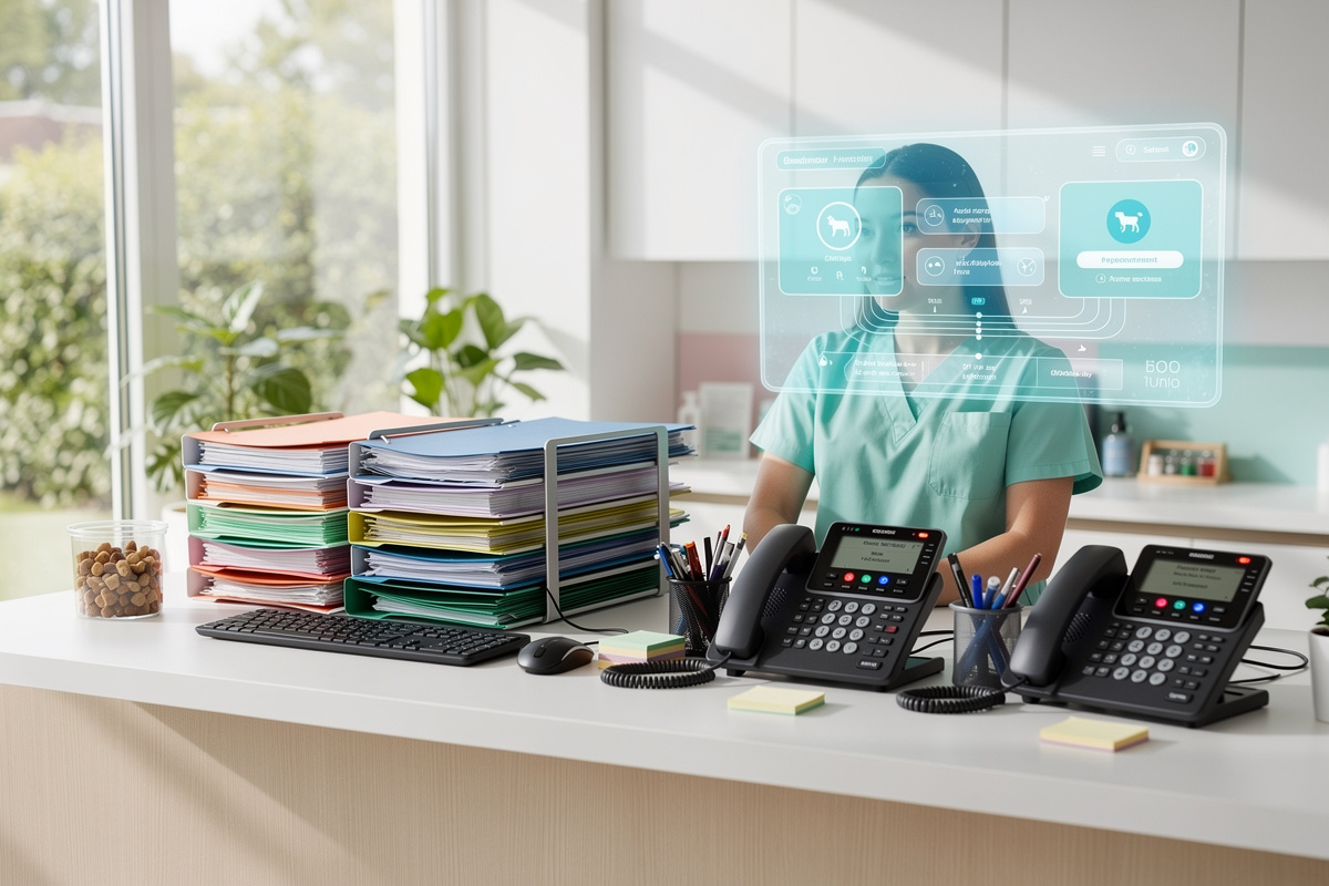 Accueil de clinique vétérinaire débordé par la prise de rendez-vous et les appels simultanés.