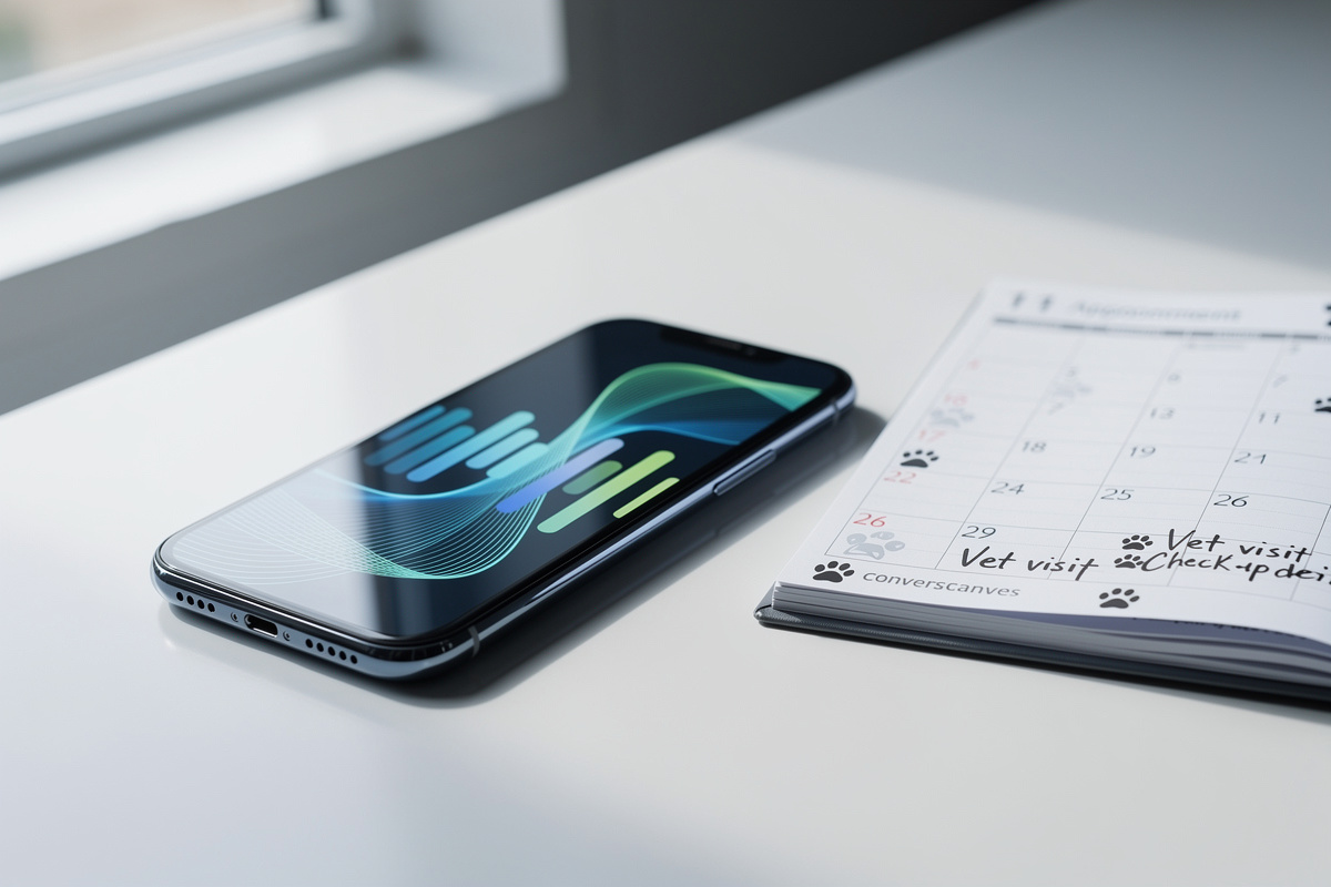 Ondes vocales IA sur smartphone illustrant le fonctionnement de la prise de rendez-vous IA vocale vétérinaire