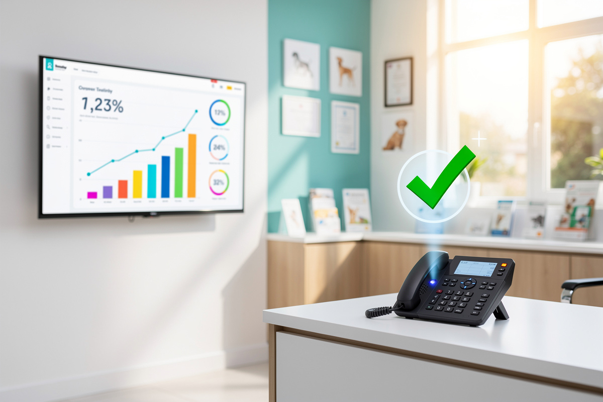 Graphique de progression illustrant les gains en appels décrochés grâce à l'IA vocale dans un cabinet vétérinaire