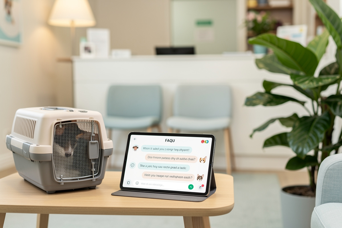 Interface FAQ sur tablette dans une salle d'attente vétérinaire répondant aux questions sur la prise de rendez-vous IA vocale