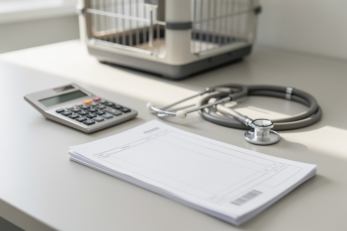 Repère visuel du prix consultation vétérinaire avec calculatrice et dossier en clinique
