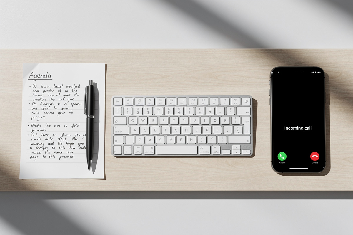 Agenda, téléphone et documents administratifs organisés sur un bureau, symbolisant la délégation de tâches à un secrétariat externalisé