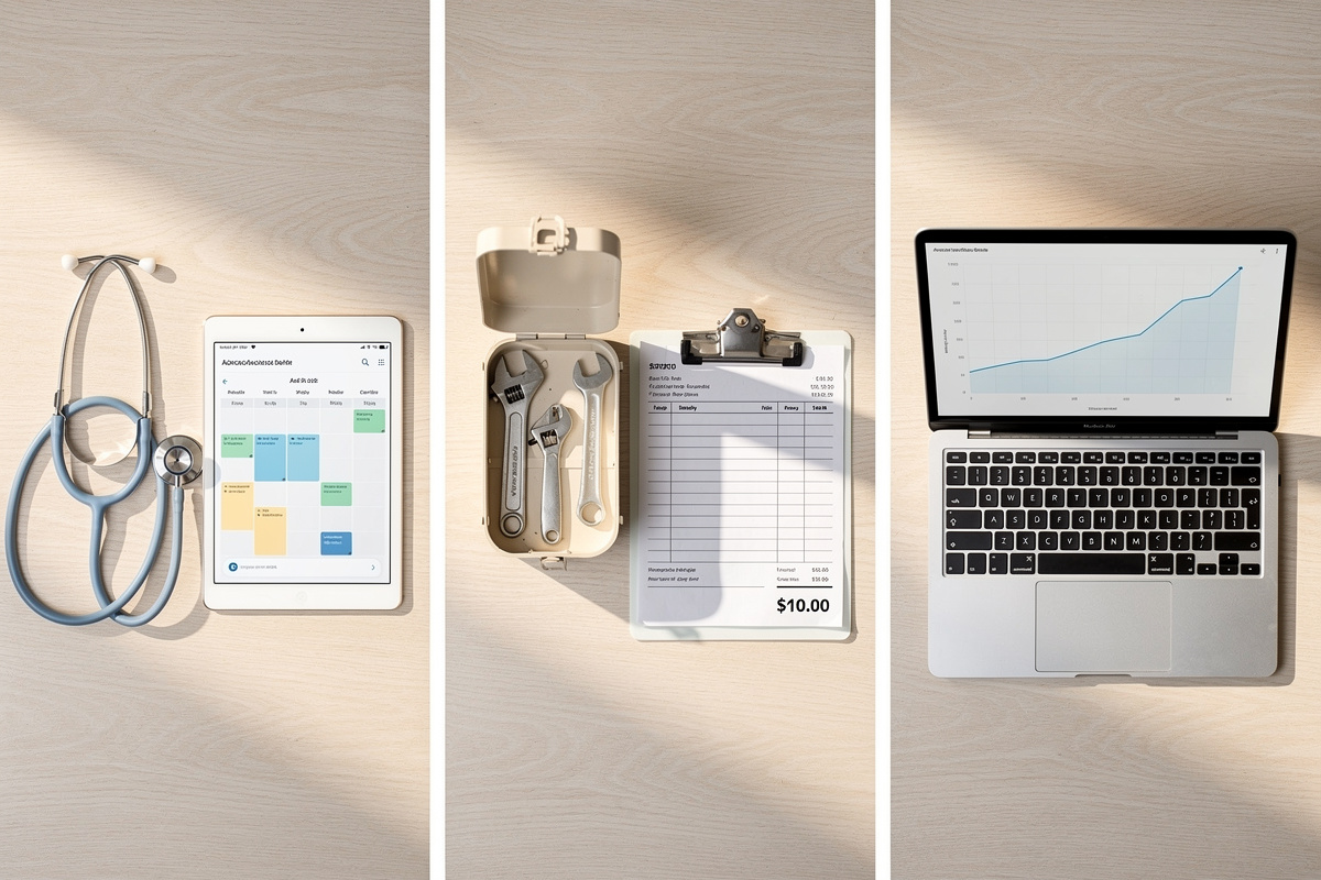 Trois profils professionnels — médecin, artisan et startup — bénéficiant chacun d'une solution de secrétariat externalisé adaptée