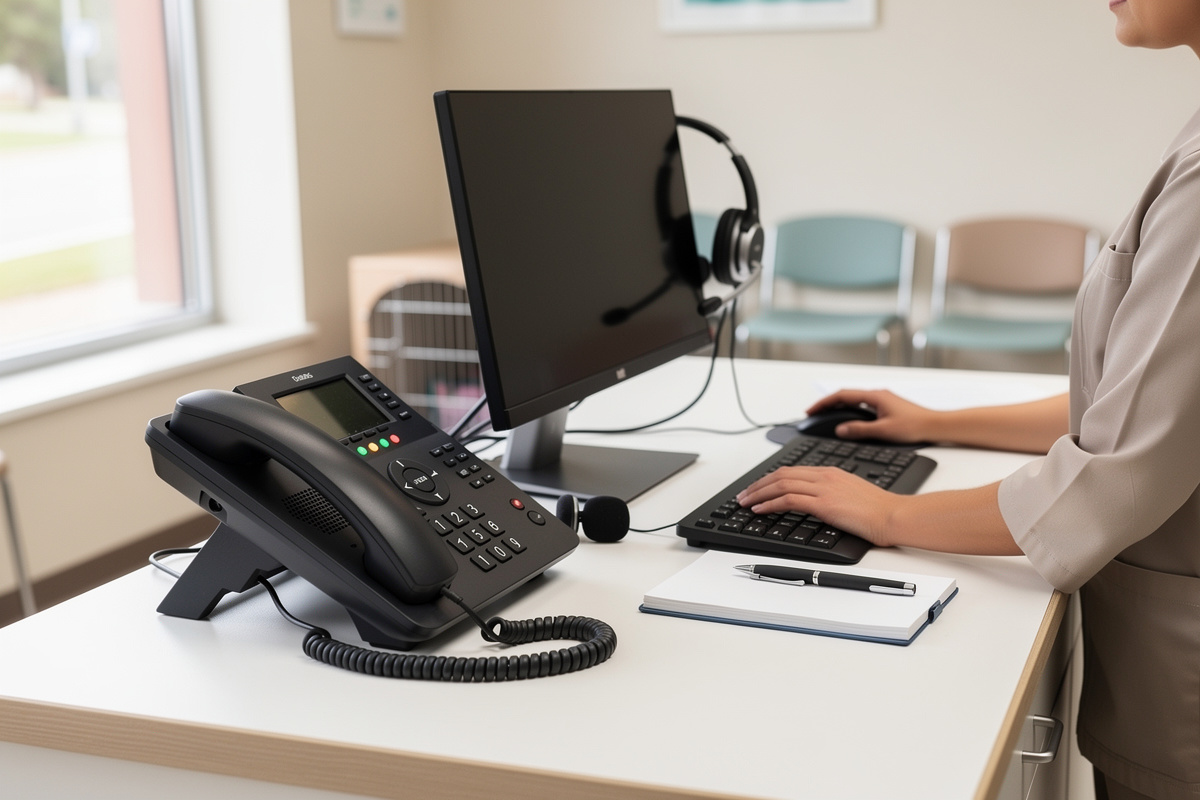 Standard téléphonique vétérinaire au quotidien dans un accueil vétérinaire calme et bien organisé.