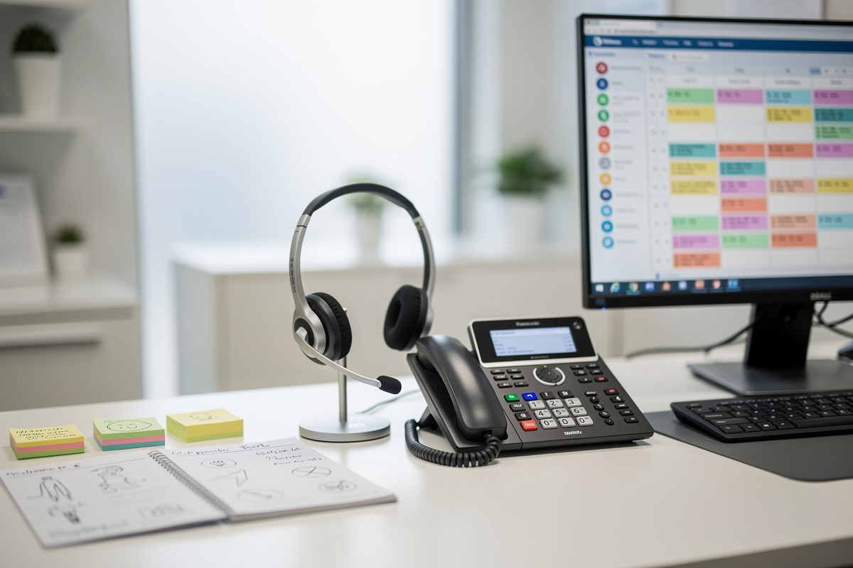 Bureau d’accueil montrant le dimensionnement d’un standard téléphonique vétérinaire selon le volume d’appels