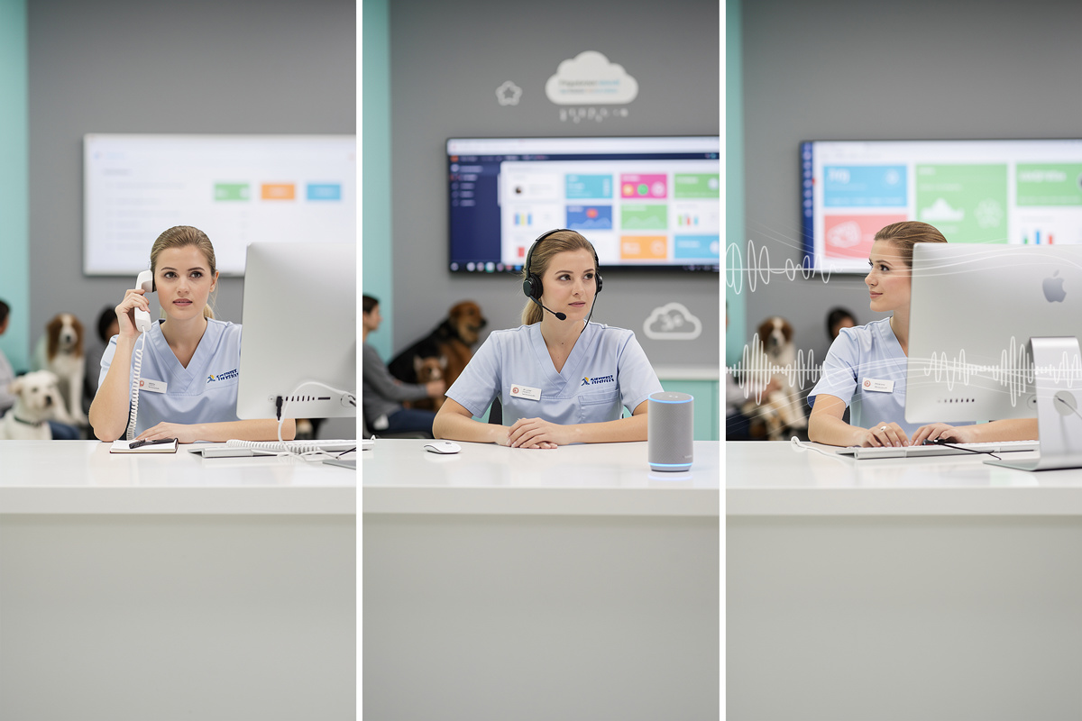 Comparaison visuelle d’un standard téléphonique vétérinaire humain, cloud et IA vocale