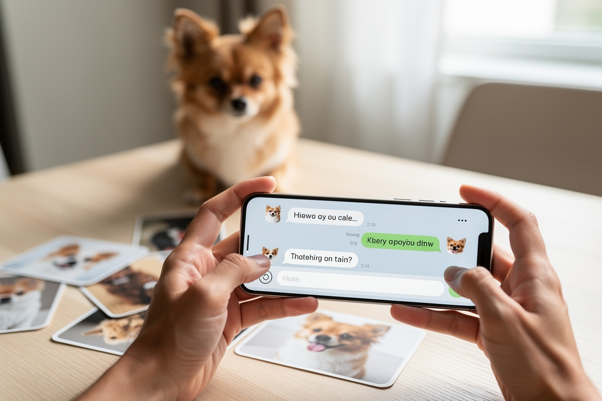 Propriétaire envoyant des photos de son chien via une application de chat texte pour une consultation vétérinaire en ligne