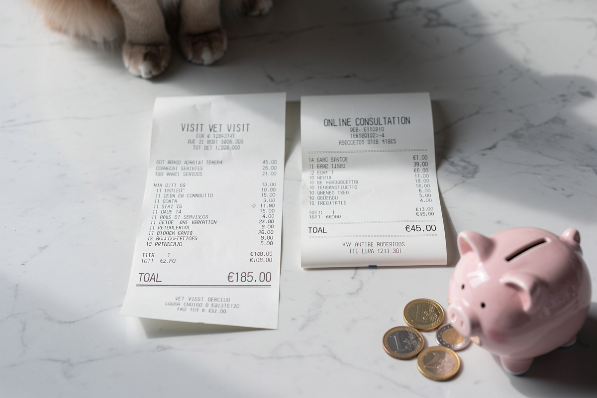 Comparaison des prix entre téléconsultation vétérinaire à 15-35 € et consultation cabinet à 50-70 €, avec tirelire et pièces