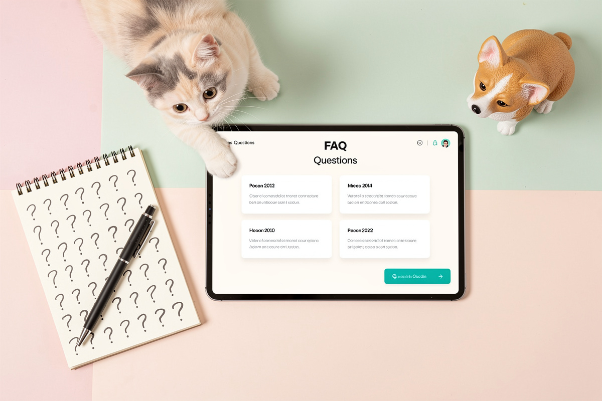 Tablette affichant une FAQ sur la téléconsultation vétérinaire, avec chaton et figurine de chien autour