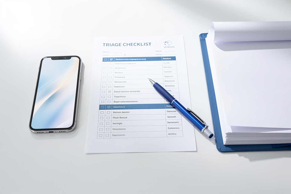 Checklist de triage telephone vétérinaire avec téléphone et dossier sur un bureau clinique
