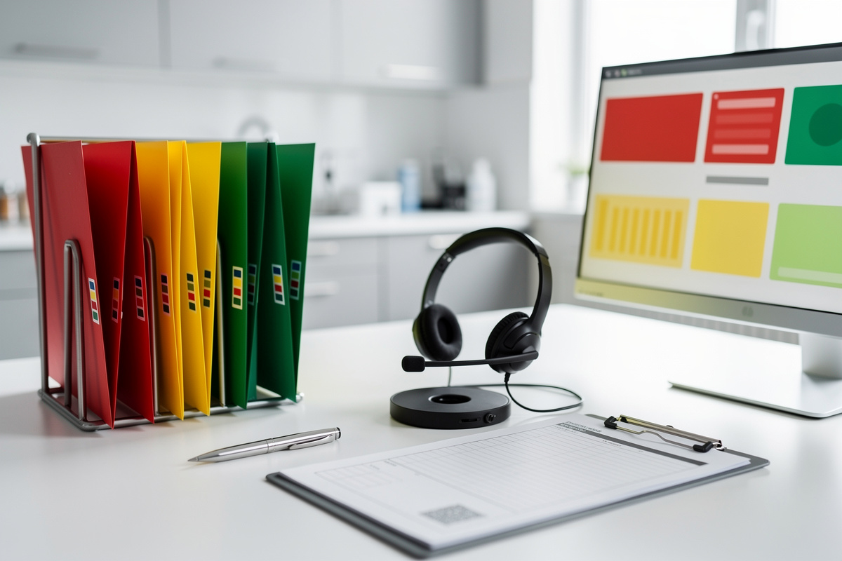 Poste de triage telephonique vétérinaire avec classement P1 P2 P3 et outils de réception.