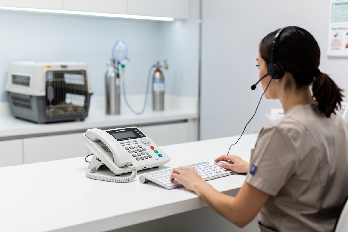 Contexte de triage telephonique pour dyspnée, avec matériel d’urgence en clinique vétérinaire.