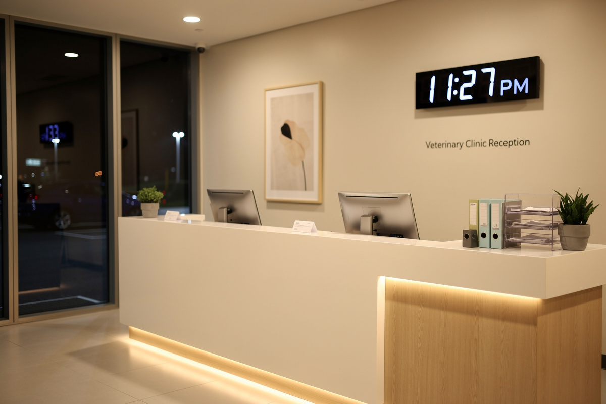 Accueil d'une clinique vétérinaire ouverte la nuit, illustrant les majorations tarifaires hors horaires