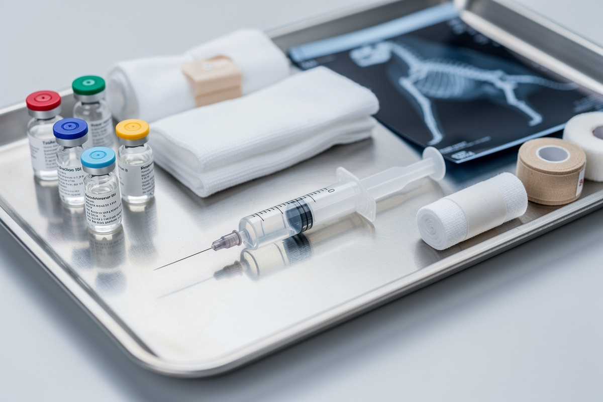 Matériel vétérinaire d'urgence sur plateau inox illustrant les actes complémentaires et leurs prix moyens