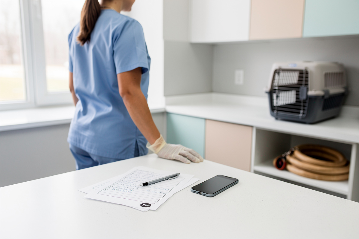 Préparation d’un appel d’urgence vétérinaire téléphone avec notes et matériel en clinique