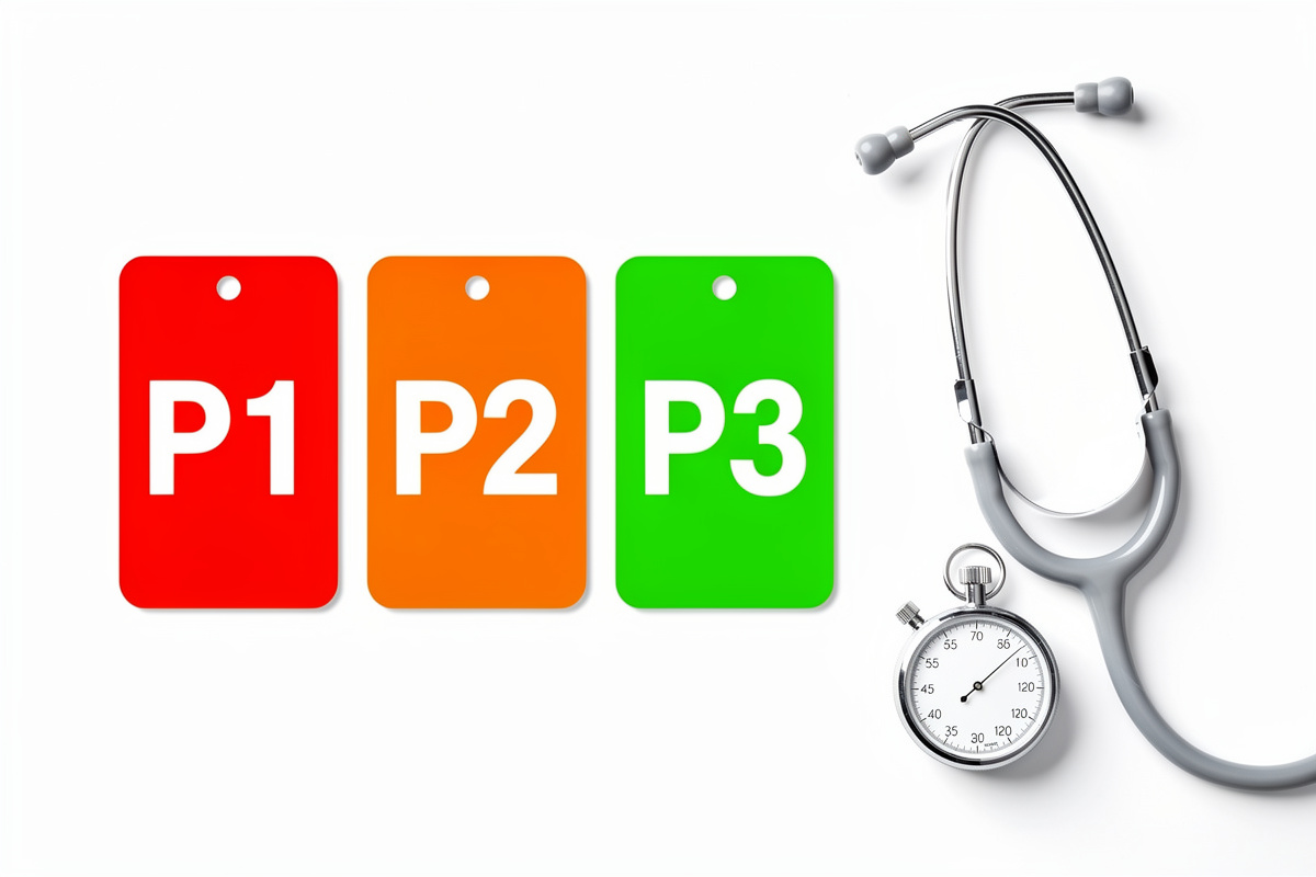 Étiquettes de triage vétérinaire P1 P2 P3 en rouge orange et vert symbolisant la classification des urgences animales