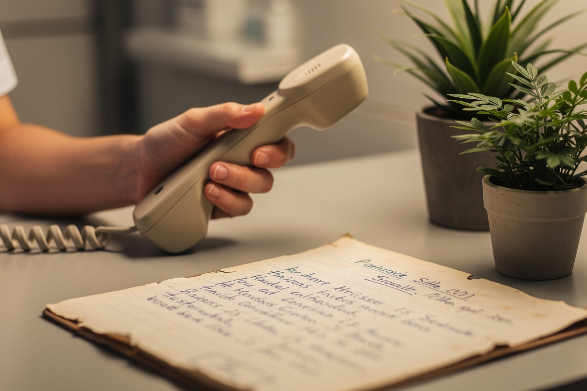 Assistante vétérinaire à l'écoute au téléphone avec prise de notes, illustrant la communication empathique en situation d'urgence