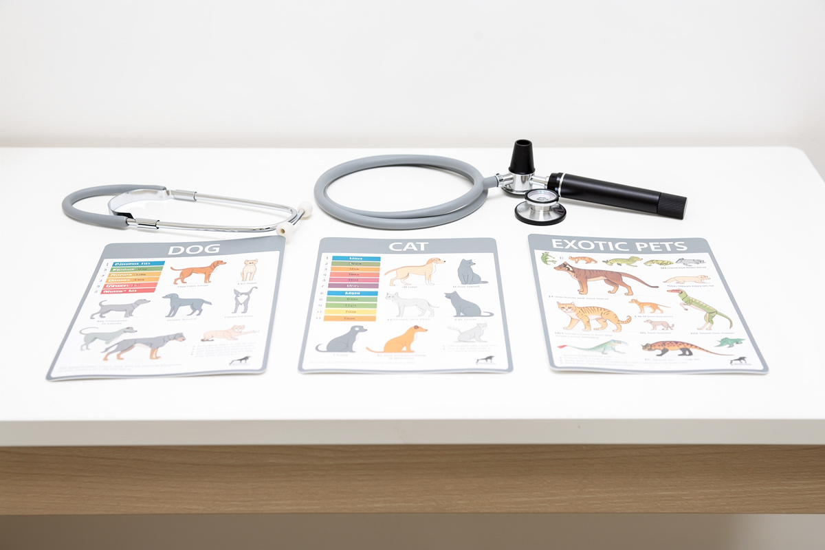 Fiches de référence vétérinaire pour chien chat et NAC posées sur une table d'examen pour le triage téléphonique par espèce