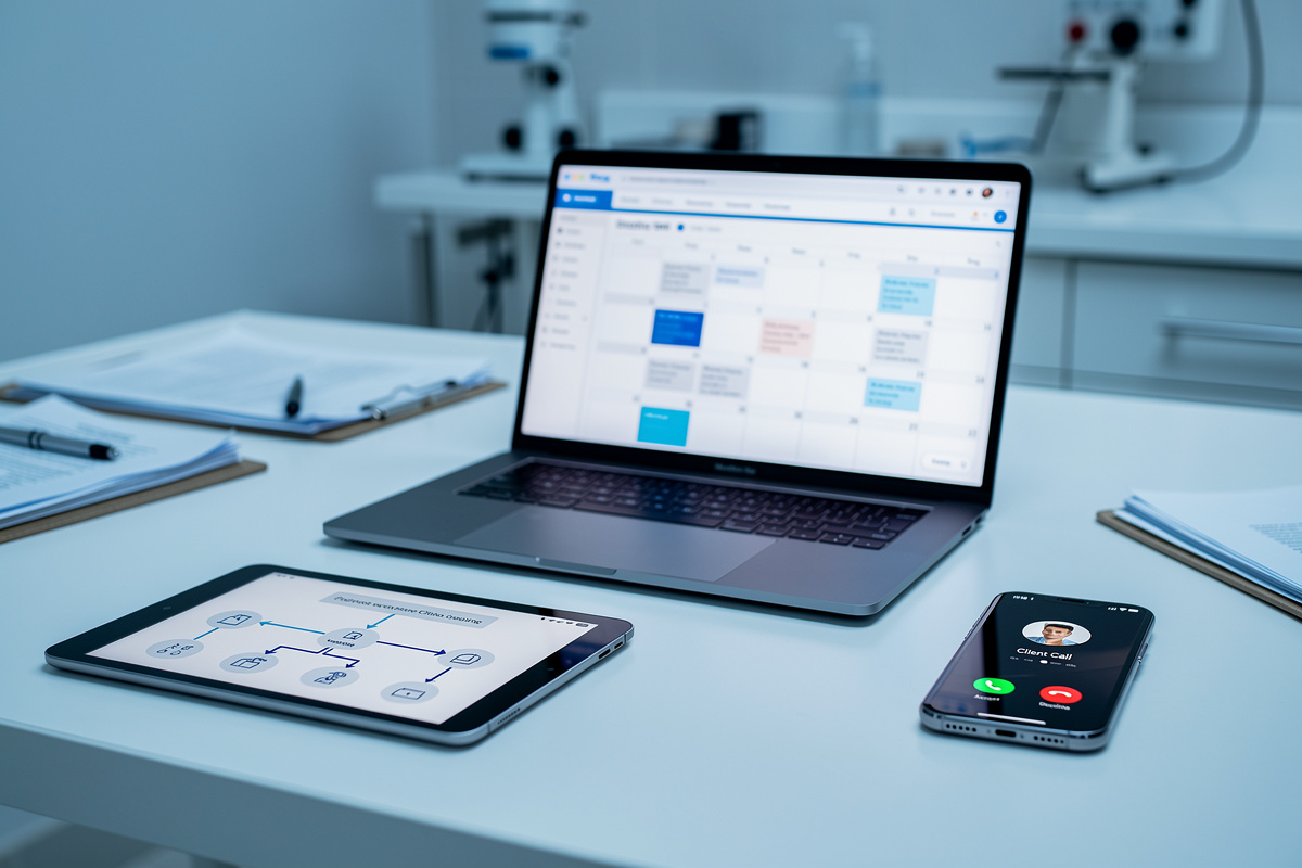 Bureau vétérinaire équipé d'une tablette avec arbre décisionnel numérique et smartphone pour la gestion des appels d'urgence