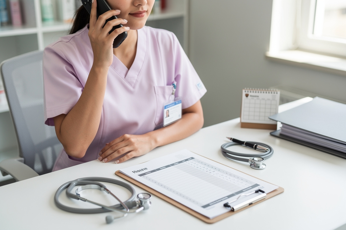 Triage en urgence vétérinaire téléphone avec checklist et assistant au poste d’accueil