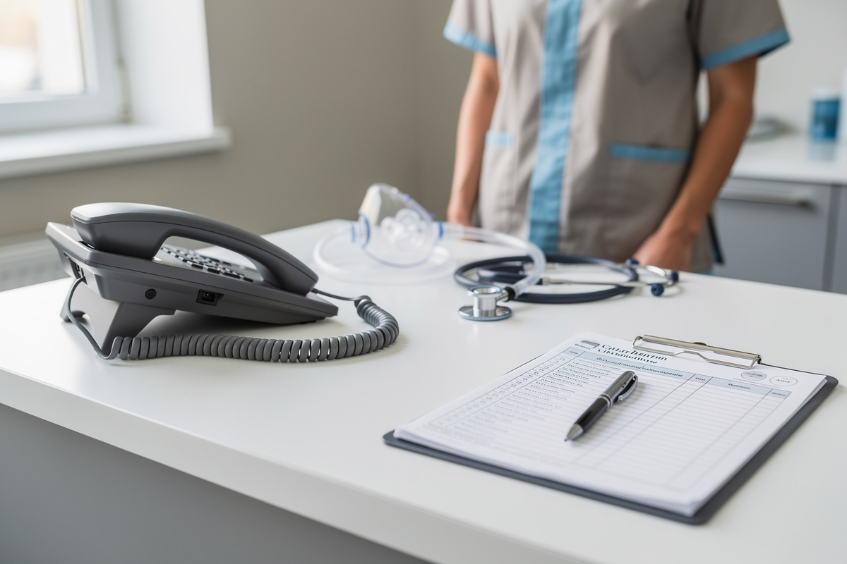 Réception d’une urgence vétérinaire téléphone avec signaux d’alerte sur un bureau de clinique.