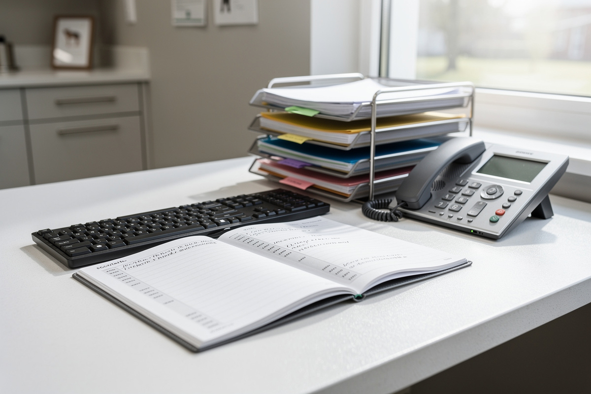 Traçabilité d’une urgence vétérinaire téléphone avec notes d’appel et gestion rigoureuse au bureau.