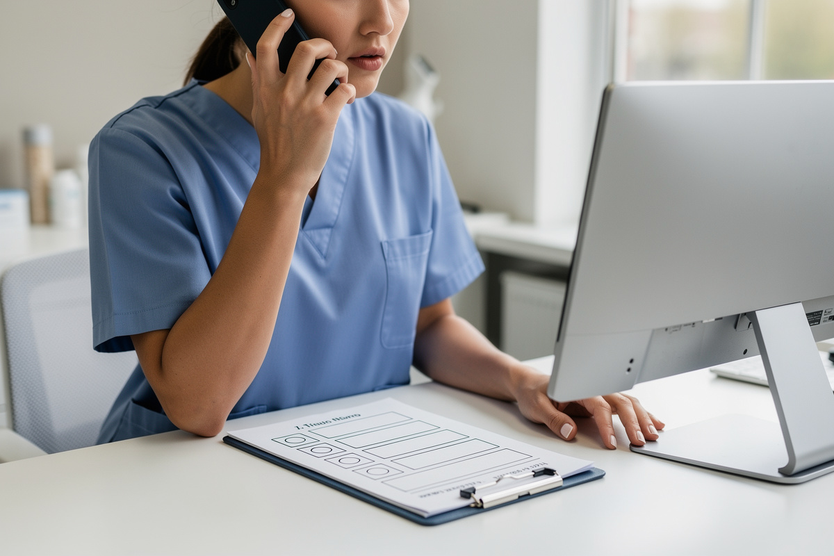 ASV concentrée en urgence vétérinaire téléphone avec checklist de triage à la main.