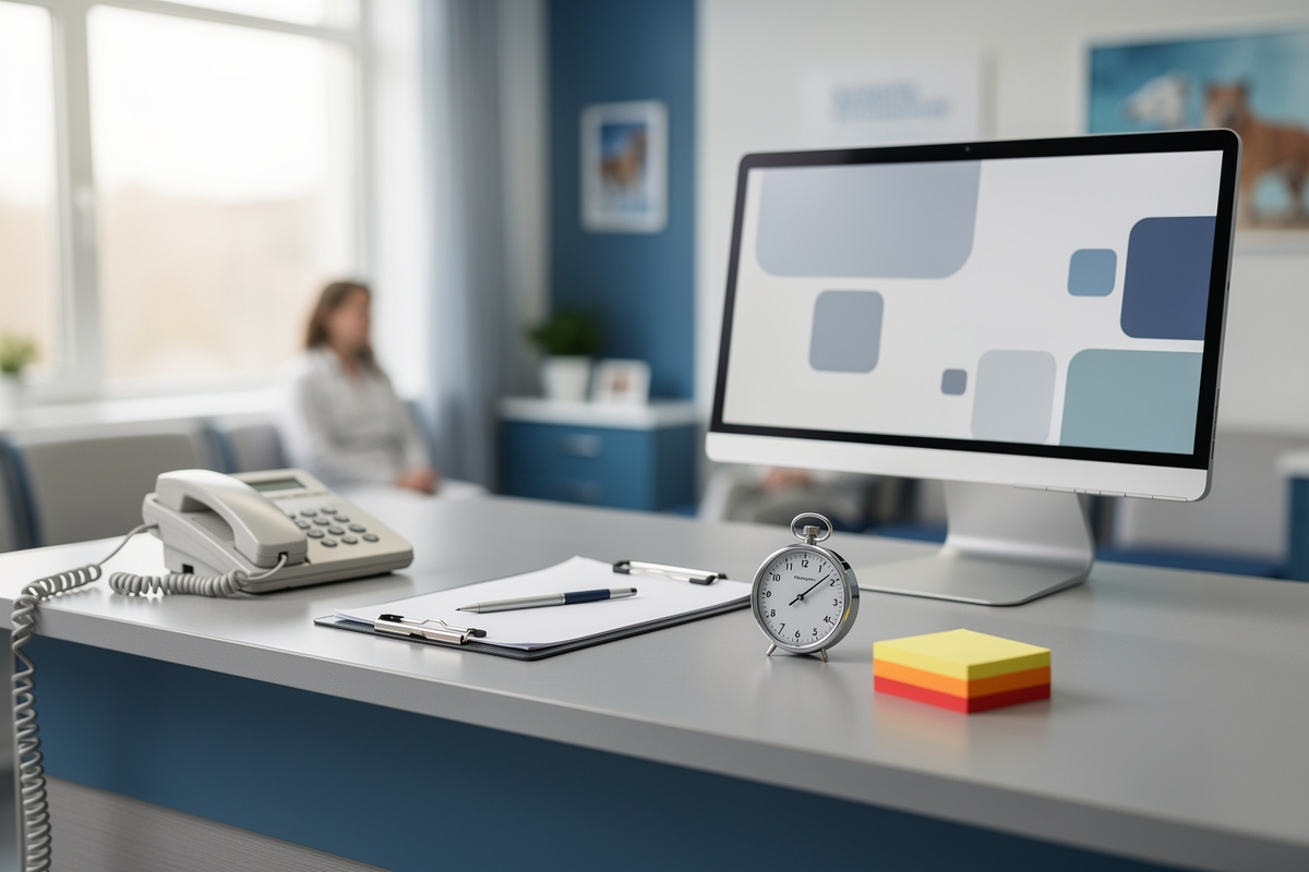 Bureau d’accueil vétérinaire avec script et outils pour les deux premières minutes d’urgence vétérinaire téléphone.