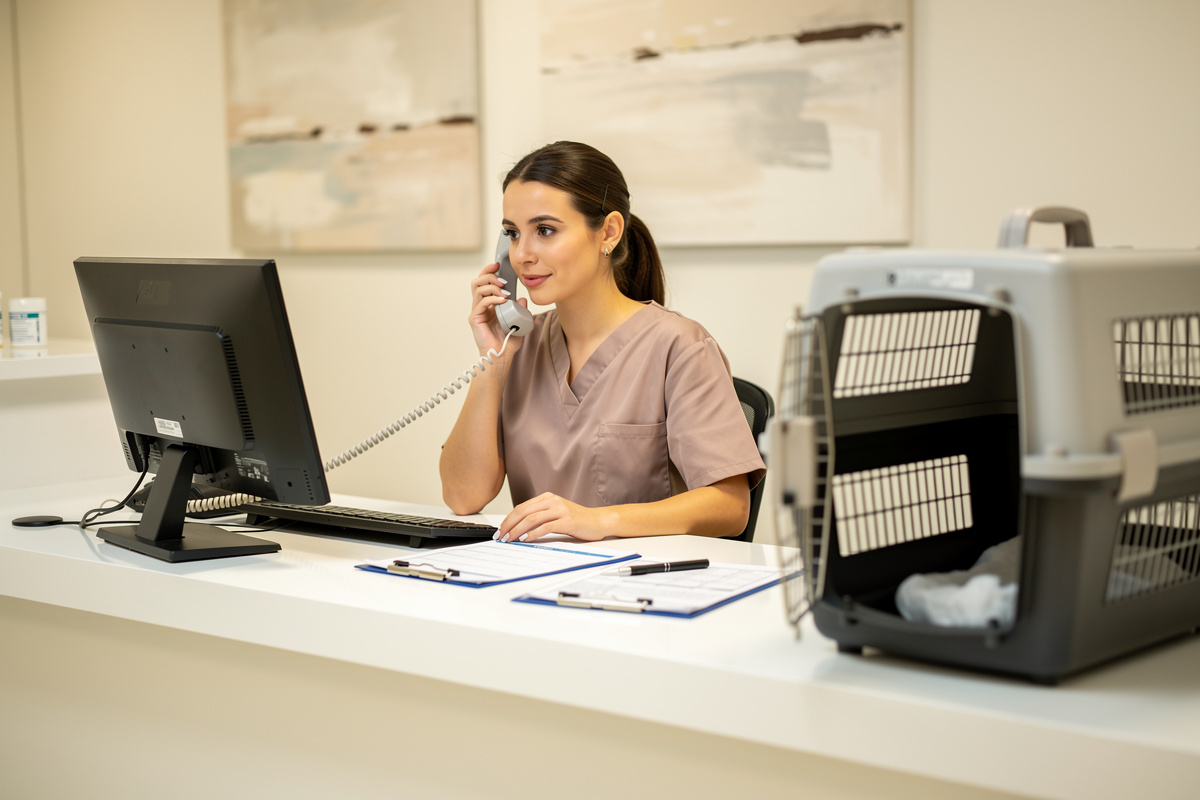 Équipe d’accueil en train de gérer une urgence vétérinaire téléphone avec organisation et action rapide.